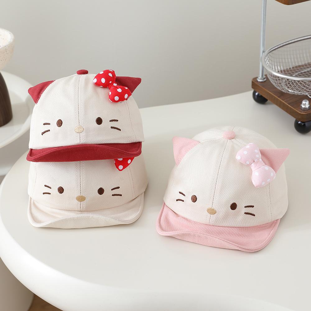 Girls' Spring/Autumn Baby Cat Baseball Cap with Cute Bow, Soft Brim, Sun Hat for Infants and Toddlers, Color Block Design