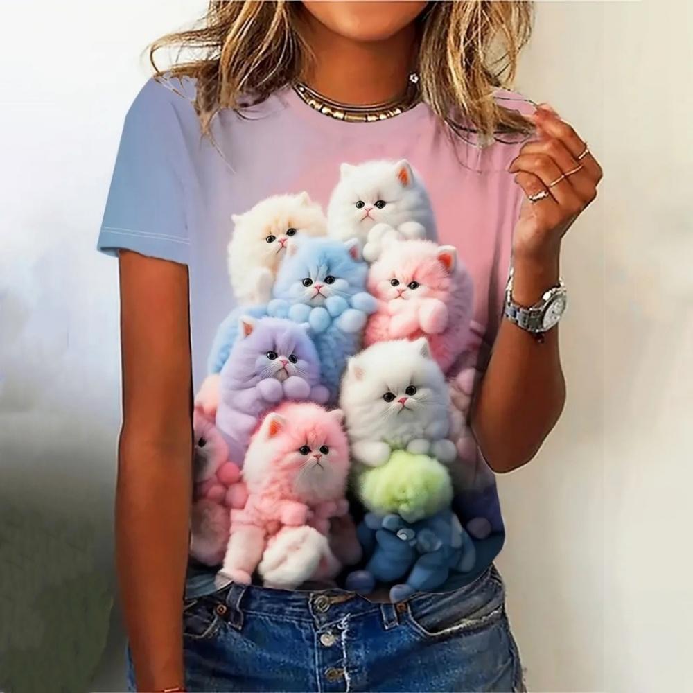 Fashion Women's T-shirt 3D Printed Kawaii Cat Pattern Short Sleeved Round Neck Top Summer Outdoor Casual Street Simple Clothing