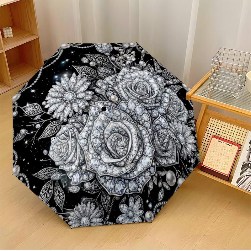 

Elegant Crown with Roses and Jewelry Theme Automatic Umbrella Compact 8-Rib Design Sturdy Construction Durable Umbrella Stylish Accessory
