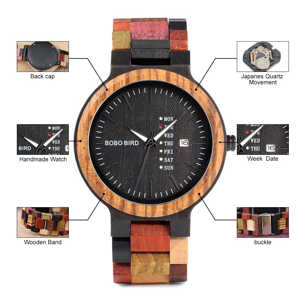 Bobo Bird Wooden Multi-Function Quartz Watch Colorful Handmade Sports Chronograph for Men and Women