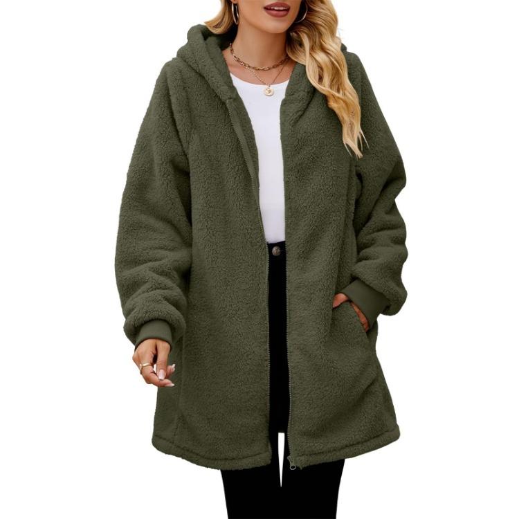 Fashionable Plush Jacket for Women Loose Hooded Zipper Coat Solid Color Long Sleeved Pocket