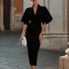 Women's V-Neck Bell Sleeve Bodycon Midi Dress for Party Formal Occasions