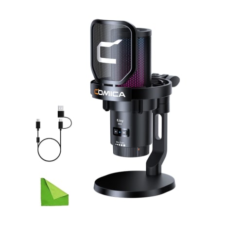 Comica USB Microphone for Computers and Smartphones, RGB Cardioid Condenser Gaming Microphone (for Podcasting, Streaming, and Recording) with Desktop