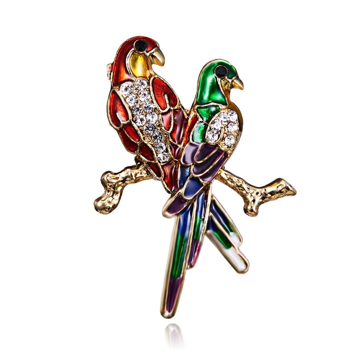 

Vivid Red Green Enamel Two Birds Sitting On Branches Brooch For Women Men Cute Rhinestone Parrot Animal Hummingbird Pins Jewelry