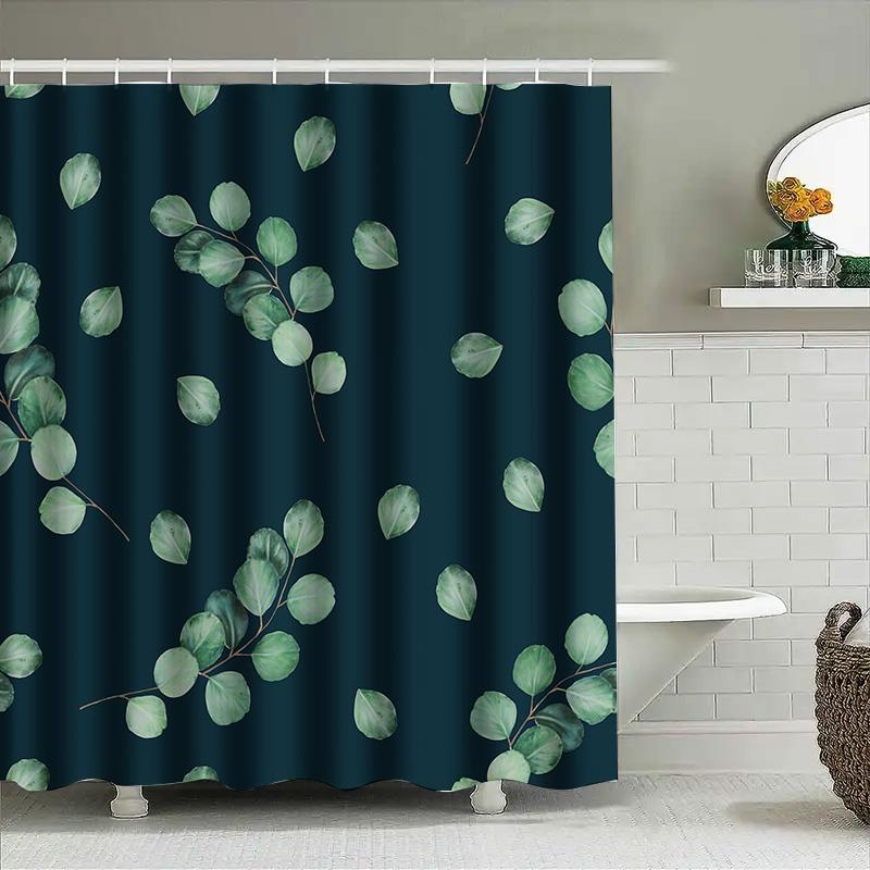 Leaf Print Bath Curtain Setgreen Leaves Pattern Shower Curtains For Home Decoration In Dark Blue Perfect Gift Idea For Bathroom