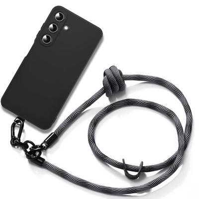 Lanyard Case for Samsung Galaxy A15 4G-5G - Black Shockproof Silicone with Removable Gray Lanyard