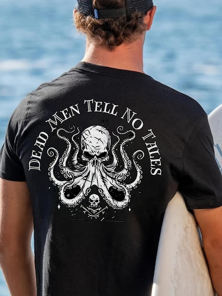 Summer Men's Short Sleeve T-shirt Black Breathable Casual Tee with Skull Octopus Graphic Print "Dead Men Tell No Tales" Design
