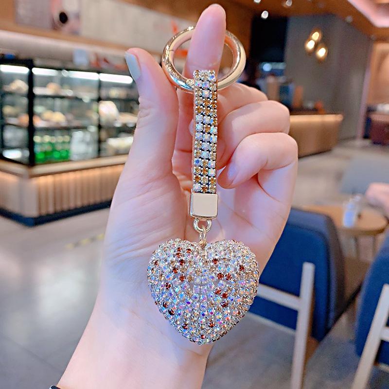 Cute Cartoon Rhinestone Heart Keychain with Claw Chain - Peach Heart Car Key Hanger