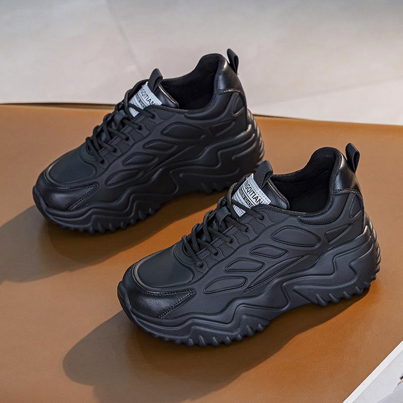 Genuine Leather Shoes Women Fashion Sneakers Flat Platform Height Increasing Shoes 7cm Brand Ladies Breathable Mesh Casual Shoes Black Beige
