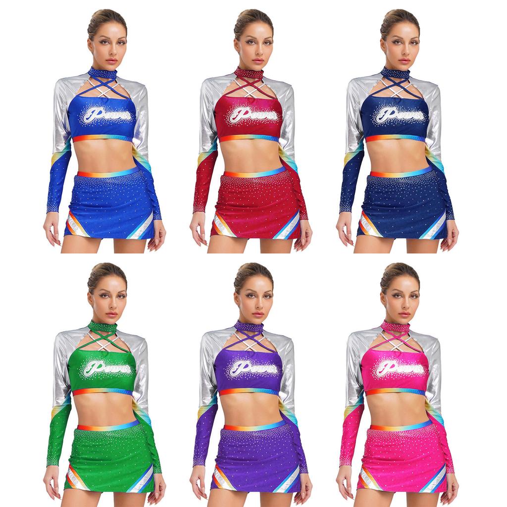 Women Cheerleading Uniform Set Long Sleeve Cross Strap Crop Top Dance Skirt Rhinestone Dancewear Performance Outfit