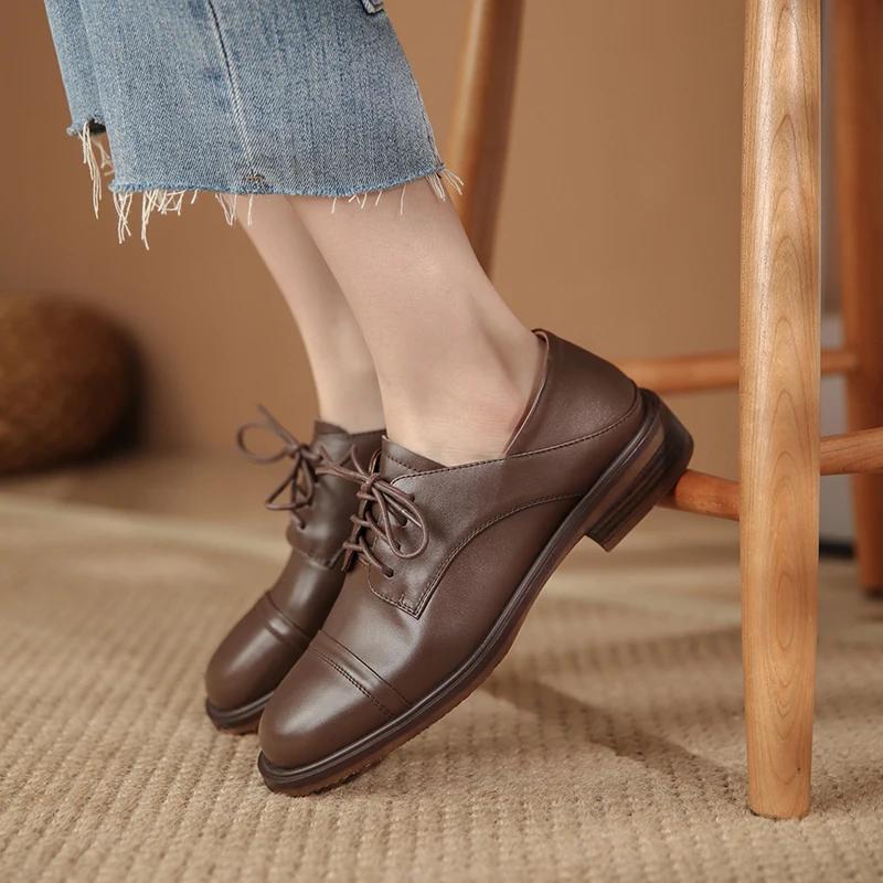 Fashion New Spring New Genuine Leather Women Shoes Fashion Lace-Up Oxford Shoes Round Toe Thick Heel Shoes Woman Zapatos De Mujer Pumps