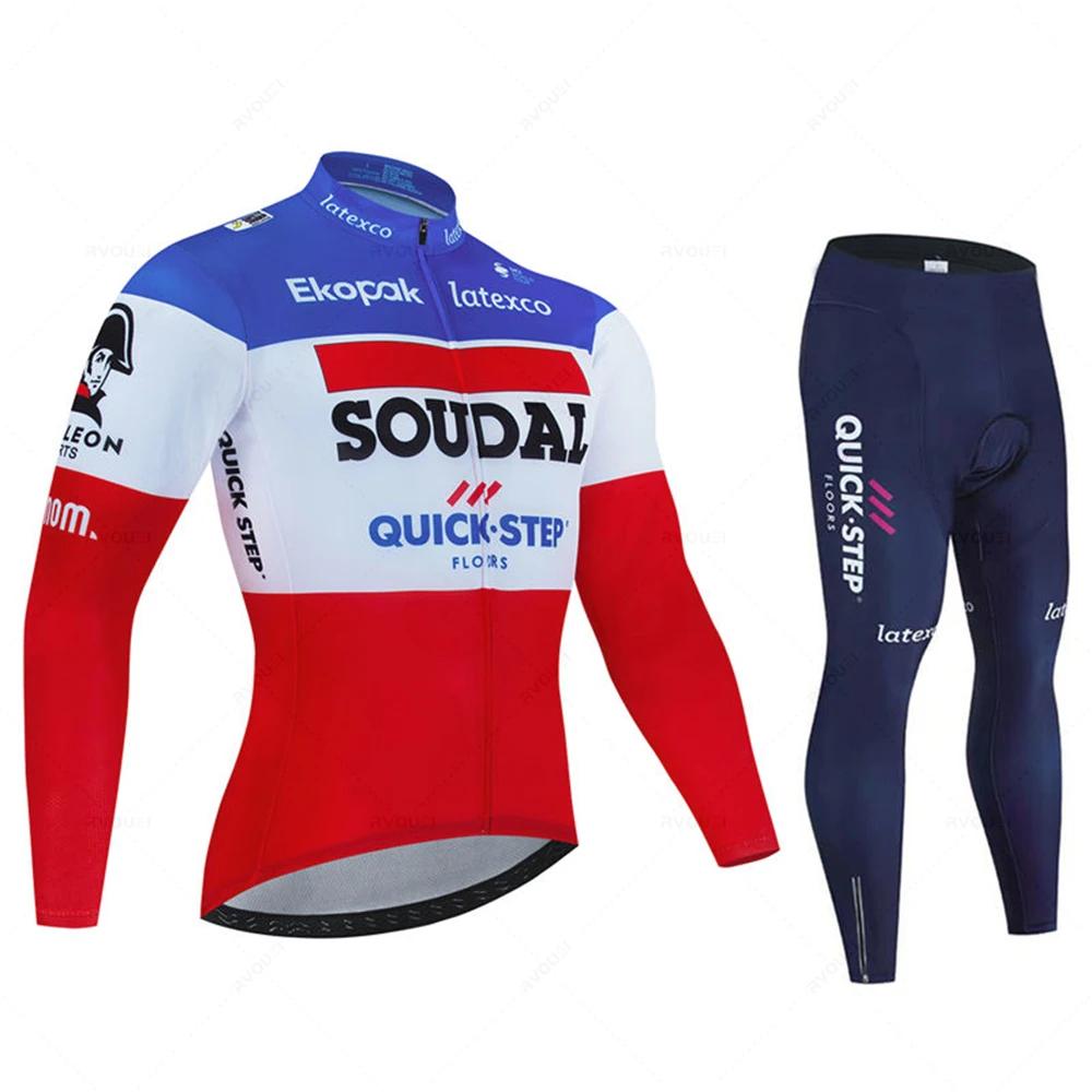 Soudal Quick Step France Jesienny Zestaw Koszulek Rowerowych Ubrania na Rower Szosowy Długi Rękaw Jednolity Strój MTB Spodenki na Szelkach Rowerowe Koszulka Sportowa do Jazdy