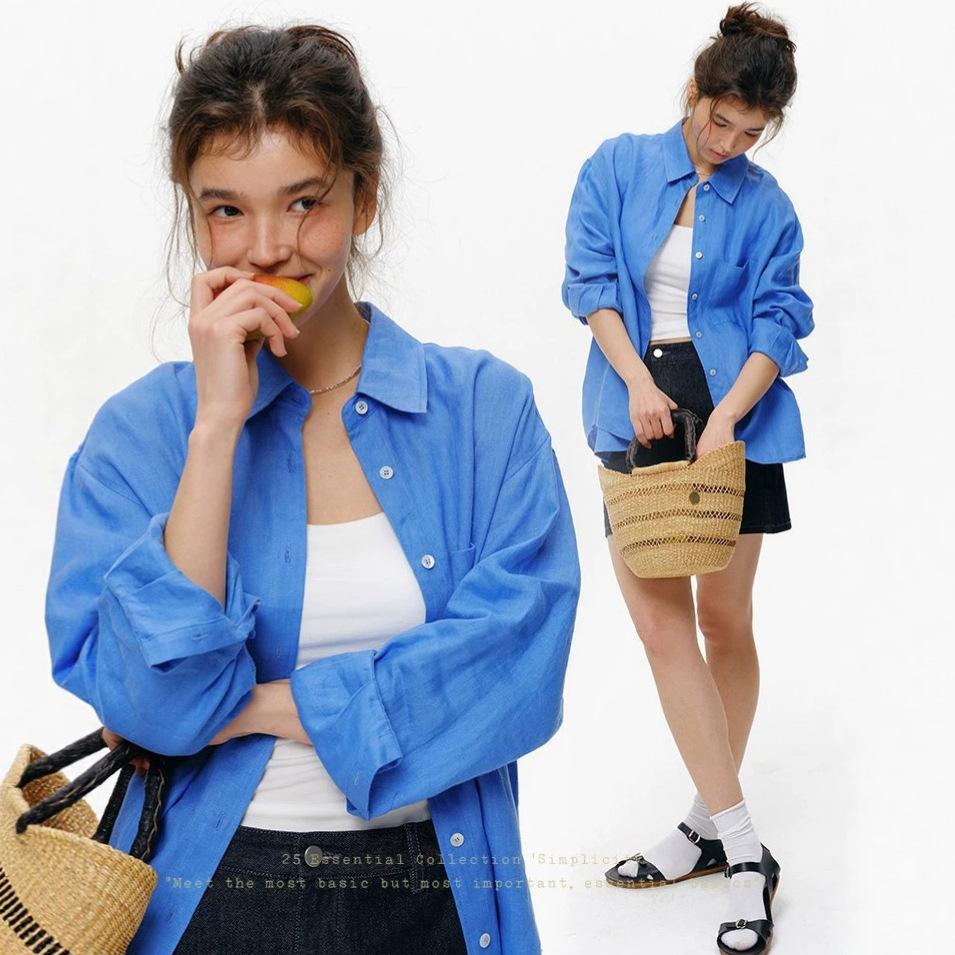 Peach, French simple and loose thin% linen shirt women's summer new sunscreen shirt top