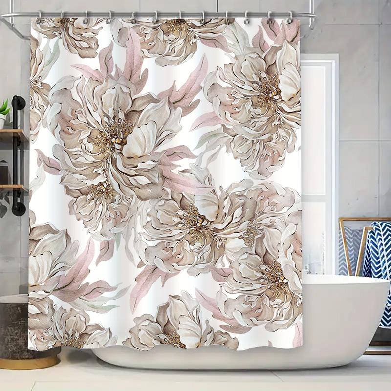 

Luxury Floral Shower Curtain Bathroom Decor Cream Gold Printed Polyester Fabric Waterproof Easy Clean For Bathtub Or Walk-In Sho W60H190(CM)-1 Pcs