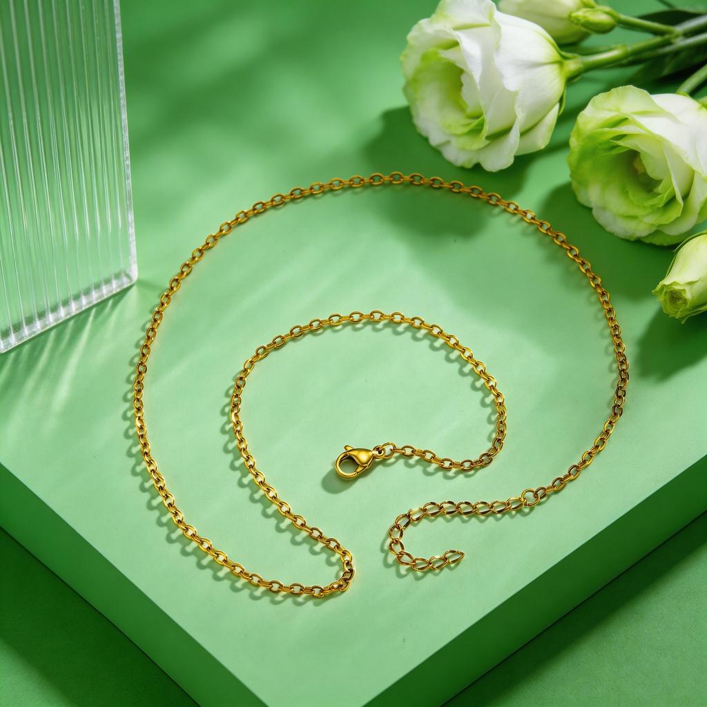 2.4mm Stainless Steel Rolo Chain Necklace 18K Gold Plated Flat O-Chains Necklaces Jewelry Making Findings Supplies Wholesale