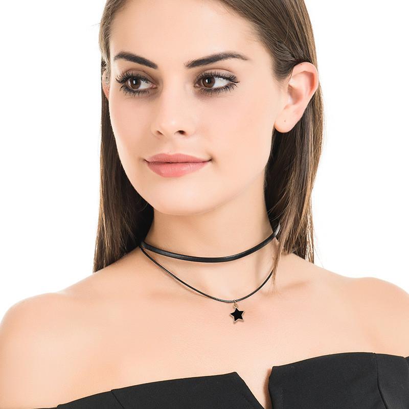 Fashion Collar With Star Pendant And Double Layer Black Leather Cord For Women