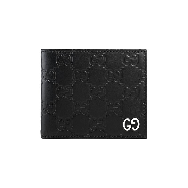 Gucci Silbernes Etikett Double G Logo für Presbyopie Kurzes Bifold Gelochte Leder Geldbörse Herren Schwarz