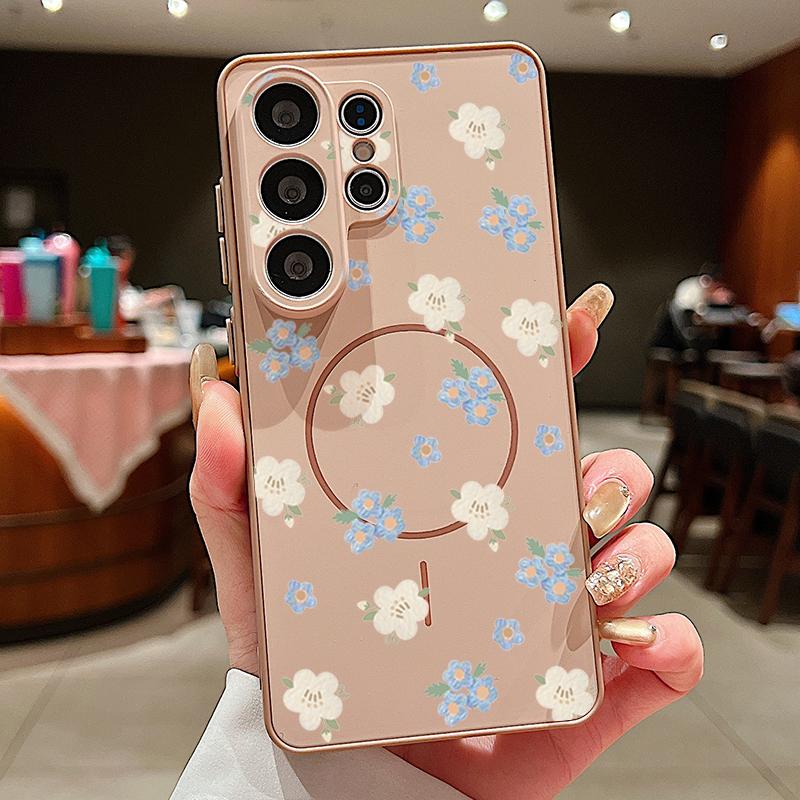 Magnetic For Magsafe Case For Samsung Galaxy S26 Ultra S25 Edge S24 Plus S23 FE S22 A54 A55 A56 5G Blue Flowers Pattern Matte Cover