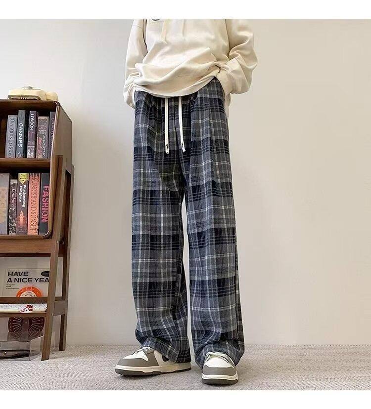Retro Plaid Casual Pants Men's Spring and Autumn New Drape Wide-leg Cityboy Trendy Sports Straight Pants
