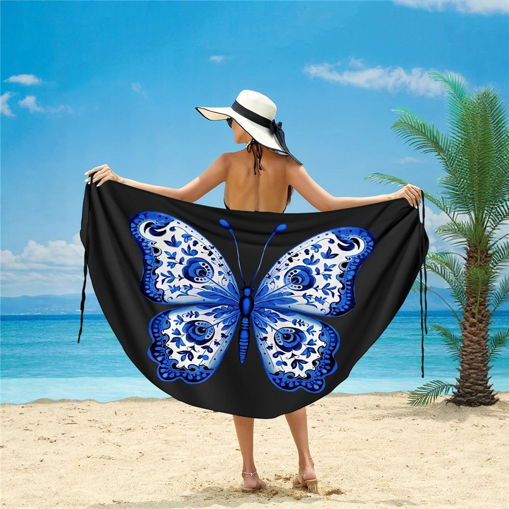 Animal butterfly print beach skirt, multiple ways to wear, cross-over irregular suspenders, seaside sun protection blouse