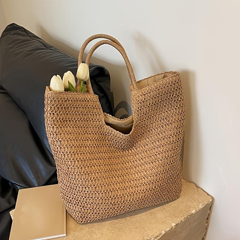Chic Large Capacity Paper Woven Straw Tote Handbag for Women, Summer Woven Beach Shoulder Bag with Zip Closure