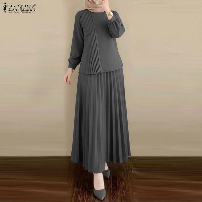 ZANZEA Completi casual da donna a due pezzi: camicetta a maniche lunghe e gonna a pieghe