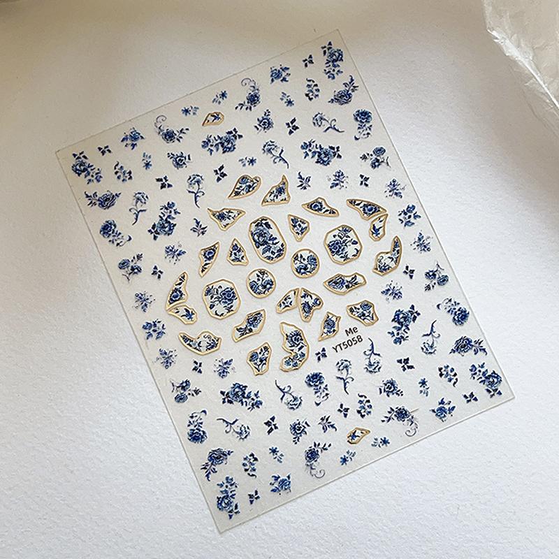 Blue White Porcelain Chinese Style Sticker 3D Self Adhesive Nail Art Sticker Flower Silverback Adhesive Manicure Decal Salon Diy