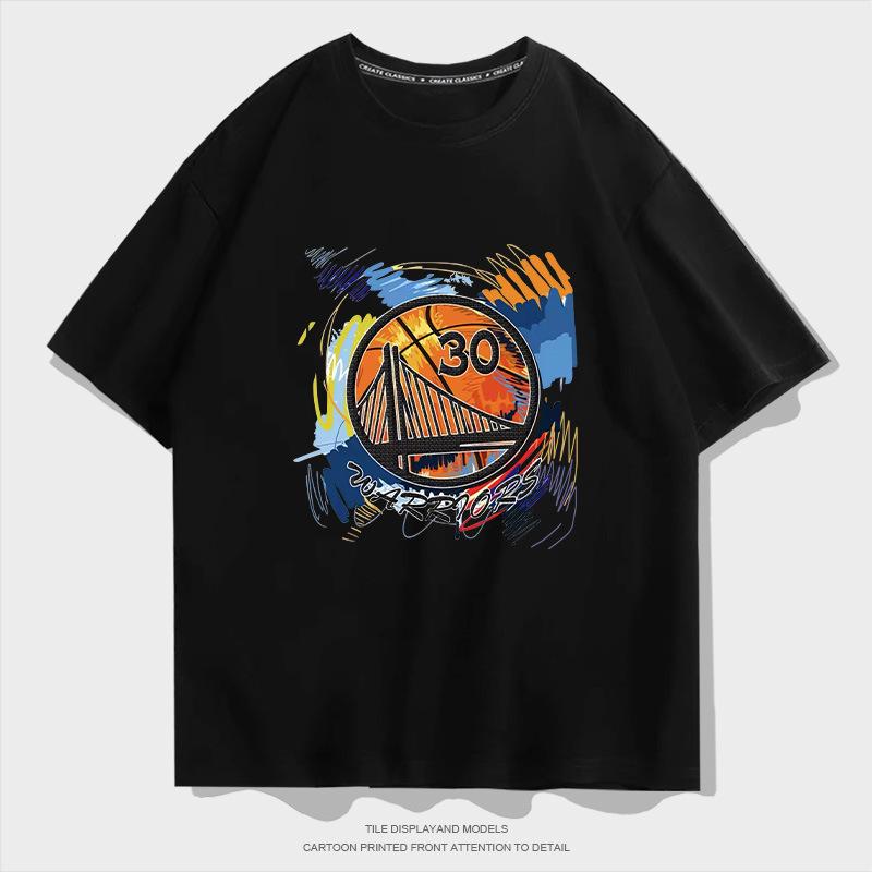 Warriors Curry No. 30 retro basketball short-sleeved T-shirt men s and women s trendy brand loose shoulder half-sleeved pure cotton parent-child XXS