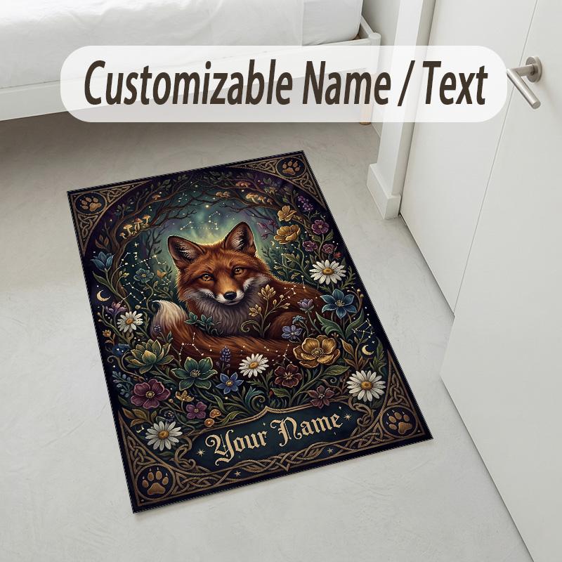 Forest Fox Theme Soft Crystal Velvet Rug Custom Name & Text Print Non Slip Floor Rug for Bedroom Living Room