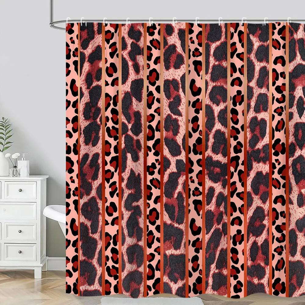 Leopard Textured Shower Curtain, Vintage Striped Brown Floral Creative Geometric Modern Plants Polyester Bathroom Decor Curtain