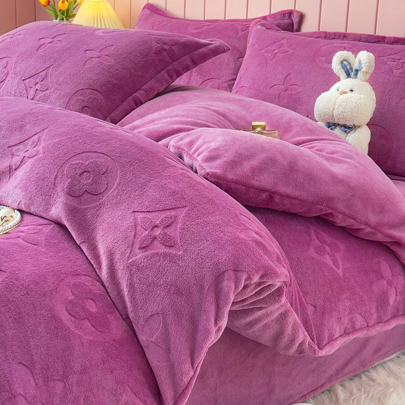 Double-Sided Thickened Milk Coral Fleece Bed Four-Piece Set Fleece Quilt Cover Coral Flannel Bed Sheet Bedding