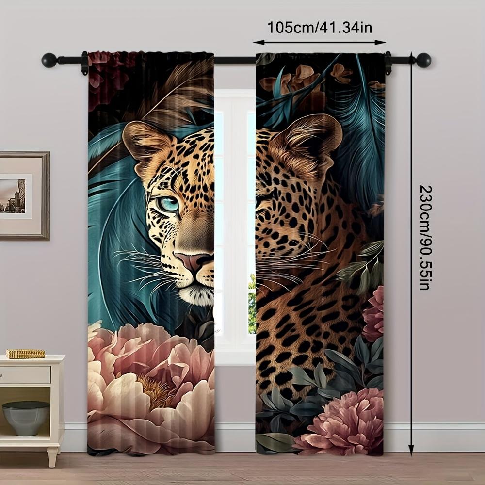 Set Of 2 Animal Curtains Daisy Peony Flower Green Leaf Leopard Pri Modern Made Polyester