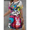 Robe d'été courte à manches courtes imprimée, motif animal créatif et amusant de dessin animé, grande taille, décontractée, confortable, douce pour femme