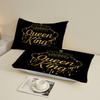Queen And King Fitted Sheet Set Black Gold Crown Print Bedding With Pillowcases For Couples Bedroom