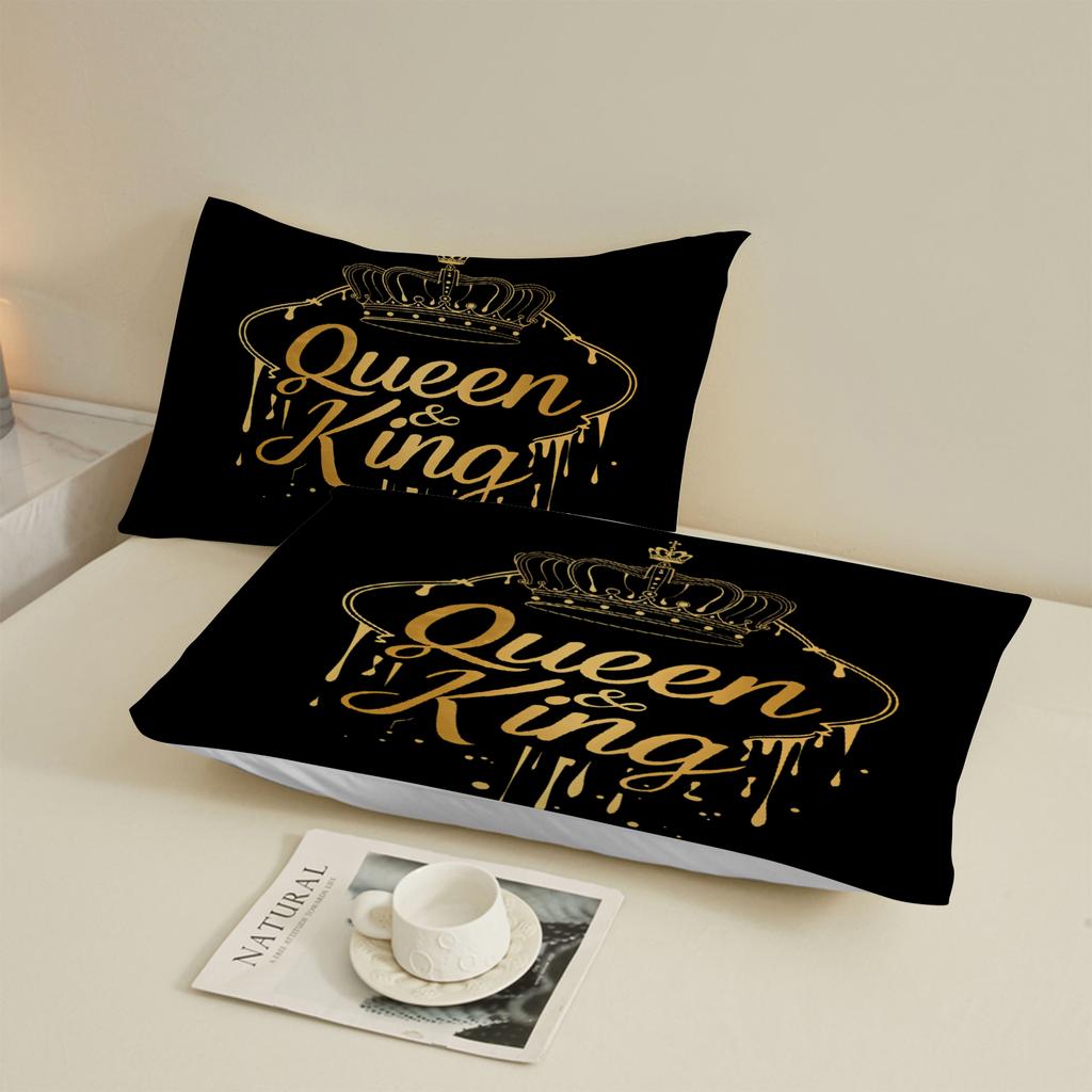 Queen And King Fitted Sheet Set Black Gold Crown Print Bedding With Pillowcases For Couples Bedroom