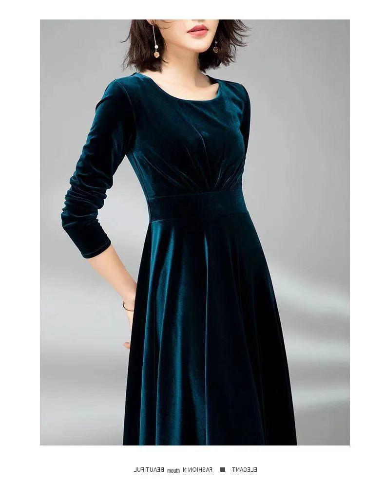 Noblewoman Autumn Golden Velvet Cinched Waist Long-Sleeved Dress with Large Hem