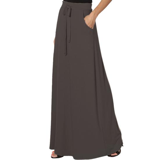 Women Maxi Skirt Adjustable Drawstring High-Waisted Solid Color Long Skirt with Pockets Casual Work Skirt