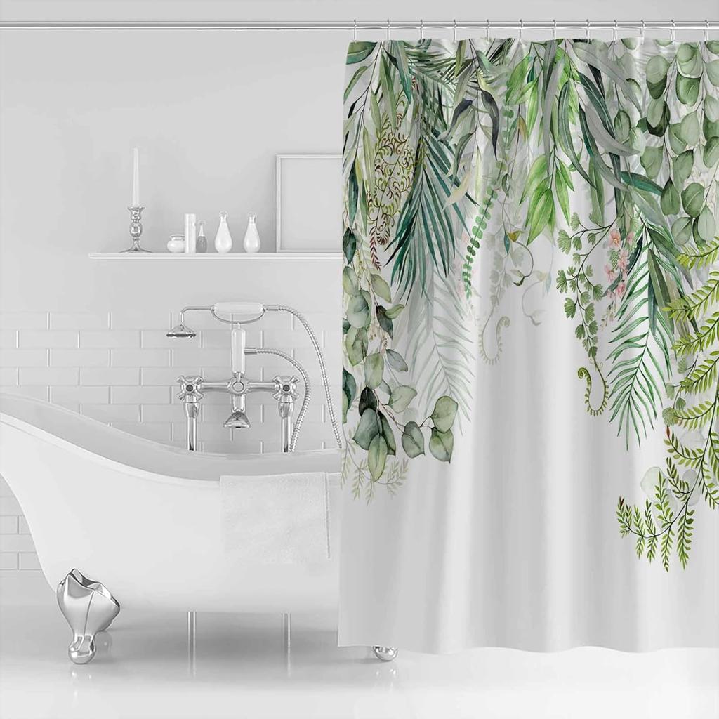 Green Shower Curtain for Bathroom, Eucalyptus Leaf Greenery Leaves Floral Watercolor Shower Curtain Set, Waterproof Polyester