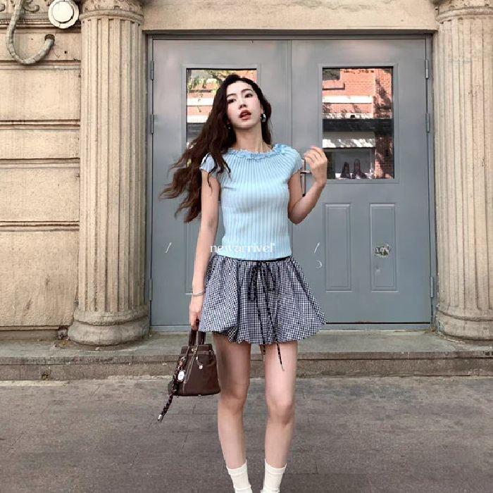 French Bow, Niche Knitted Short-sleeved T-shirt, Versatile Off-the-shoulder Top