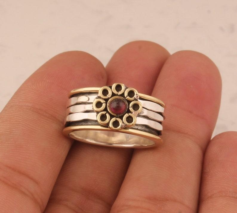 Garnet Gemstone Spinner Band Meditation Ring Handmade Designer Ring, 925 Sterling Silver Ring, Fidget Ring