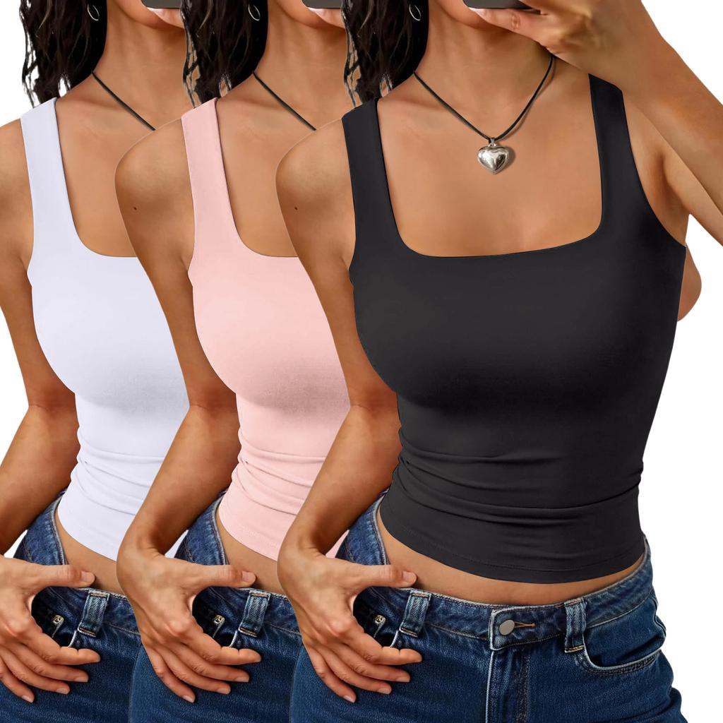 Women's Fashion Basic Sleeveless Tank Top Square Neck Stretch Slim Fit Casual Summer Layering Shirt