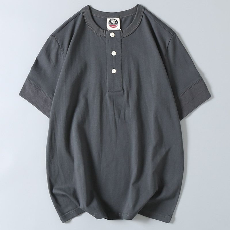 260G Heavy Cotton Henry Collar Short-Sleeved T-shirt Summer Men's Retro Trendy Versatile Cotton Half-Sleeve Bottoming Shirt