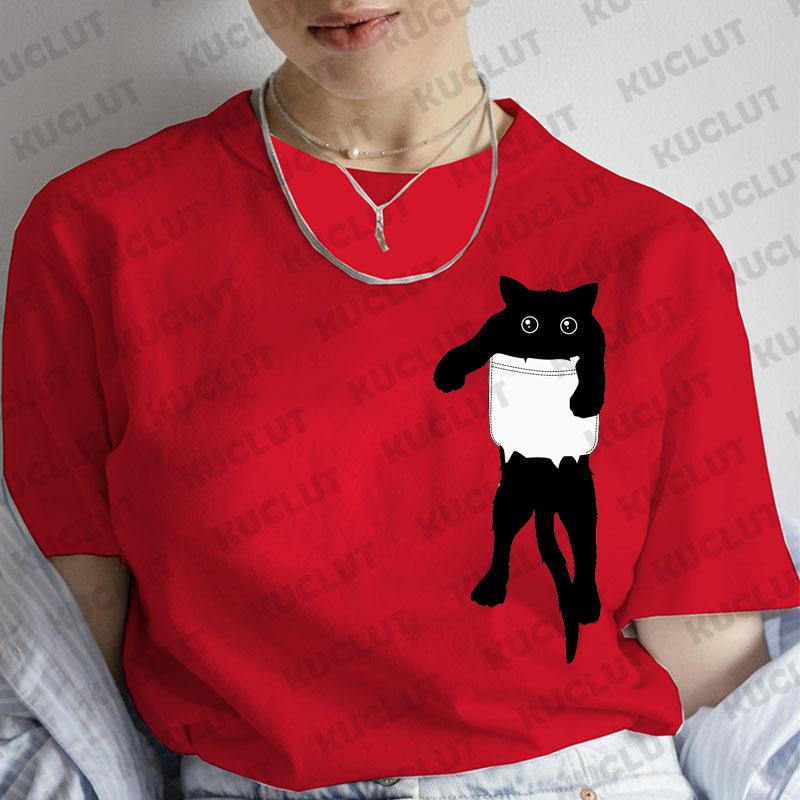 T-Shirt für Damen Schwarze Katzen Print Mode T-Shirt Lässig Rundhals Kurzarm Streetwear Damen T-Shirt Vintage Tee Oberteile