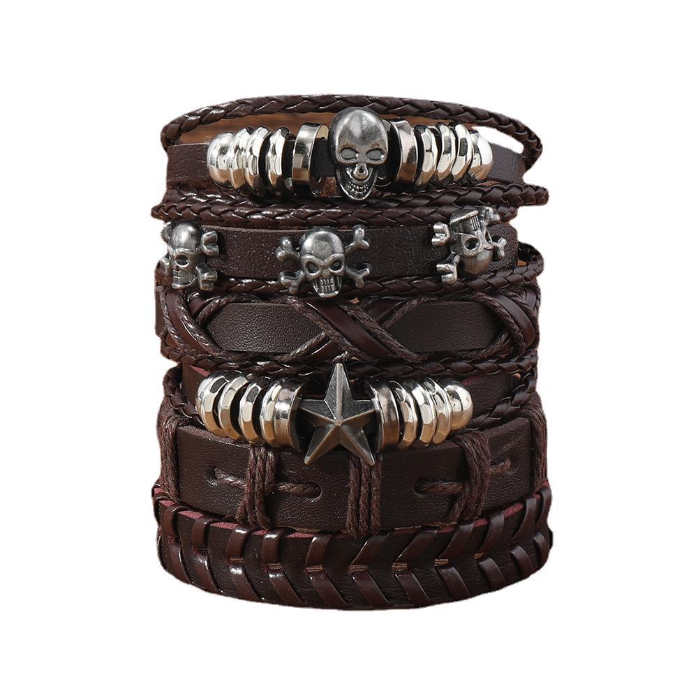 Foreign Trade Direct Supply Multi-color Alloy Skull Woven Leather Jewelry Men's Multi-layer Hand-woven Bracelet