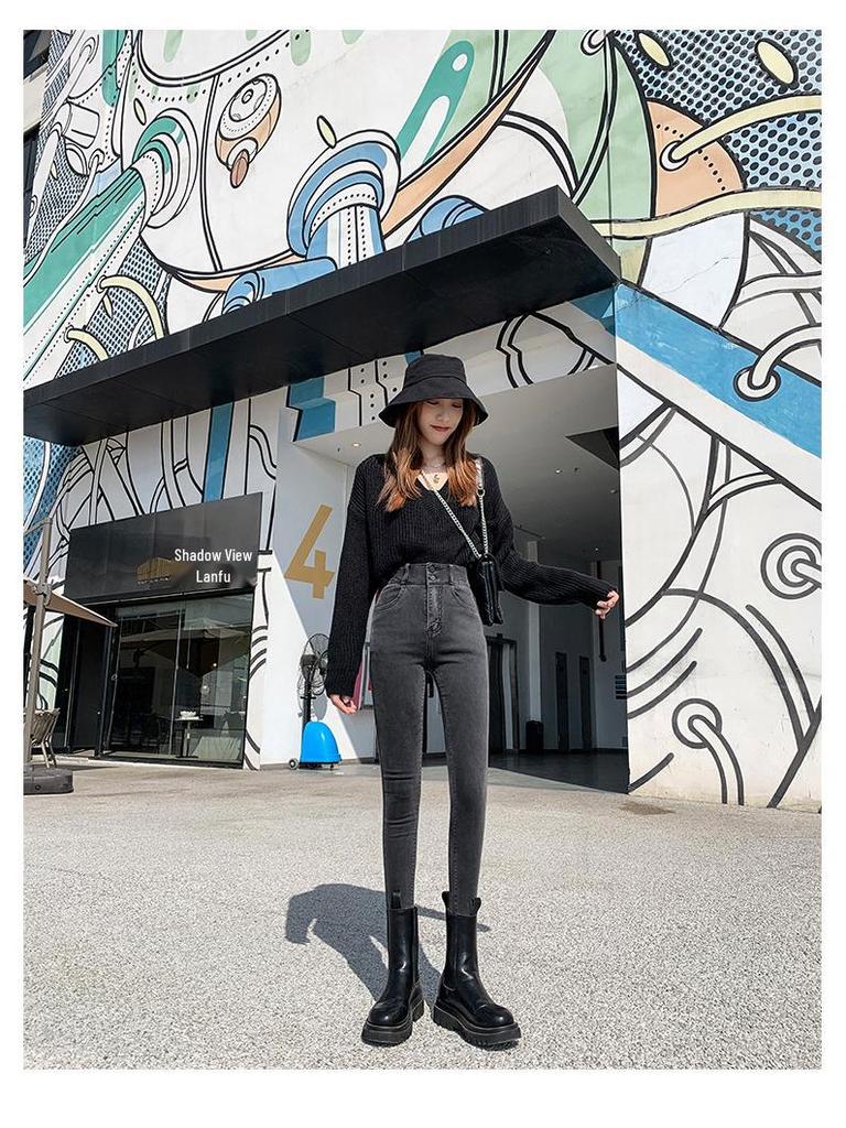 2025 Frühling Damen High-Waist Slim Fit Rauchgraue Fleecegefütterte Bleistiftjeans