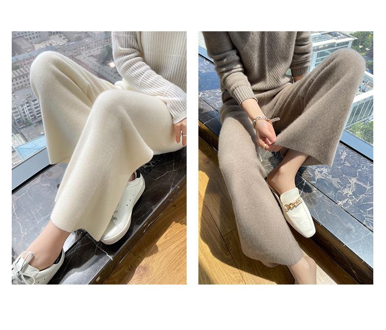 Women's 100% Wool Wide-Leg High-Waist Autumn/Winter Pants - Thickened, Warm, and Loose-Fitting