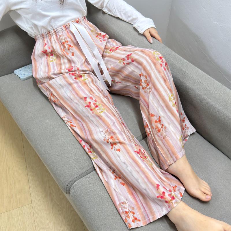 Damen-Blumen-Baumwoll-Seiden-Pyjama - Große Größen, Sommer, Leicht, Für draußen, Gerades Bein, Lockerer Schnitt