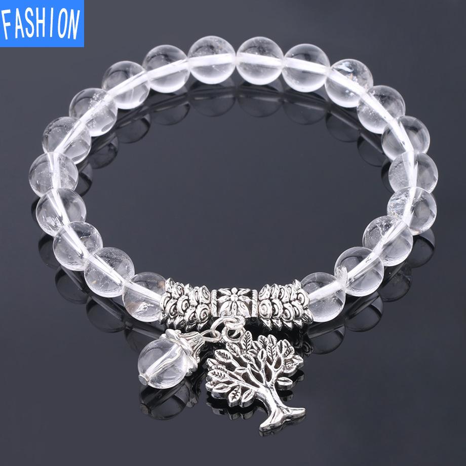 Přírodní křišťálový náramek 8mm kulatý korálkový korálkový náramek starověké stříbro kouzlo života strom Čakra šperky