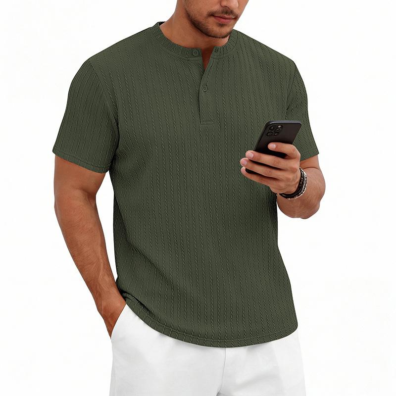 Mens American Retro Texture Elastic Loose Casual Short Sleeve Henley T Shirt