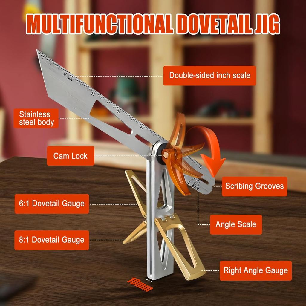 Dovetail Jig with 6:1 and 8:1 Slopes for Woodworking,Multi Angle Measuring Ruler with Dovetail Jig,Stainless Steel Movable Dovetail Guide Includes